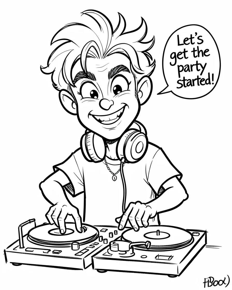 [People Portraits & Characters] Portrait of a playful DJ spinning records with headphones around his neck, full of personality and charm
