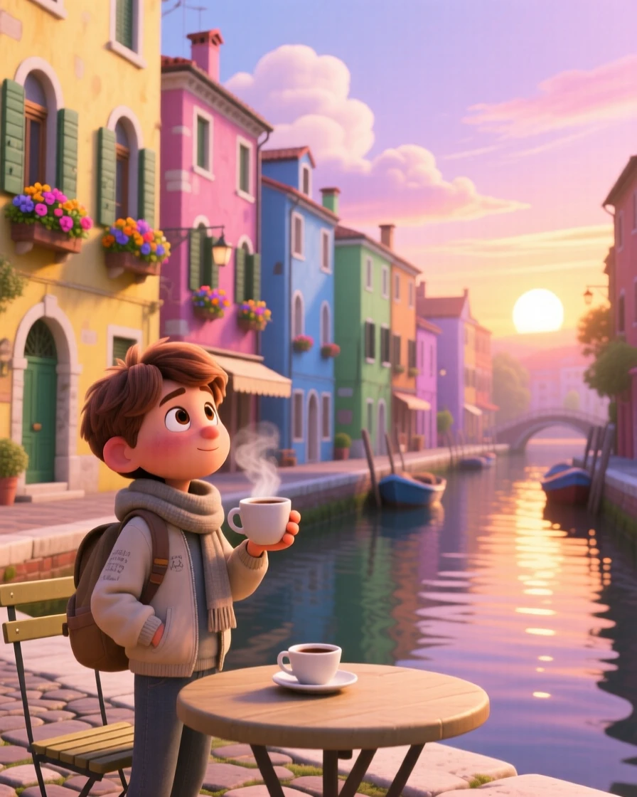 A traveler sipping coffee at a small cafe stands standing before a row of colorful canal houses, watching the sun rise over the horizon. A sense of wonder and freedom fills the moment, with soft clouds drifting across the sky.