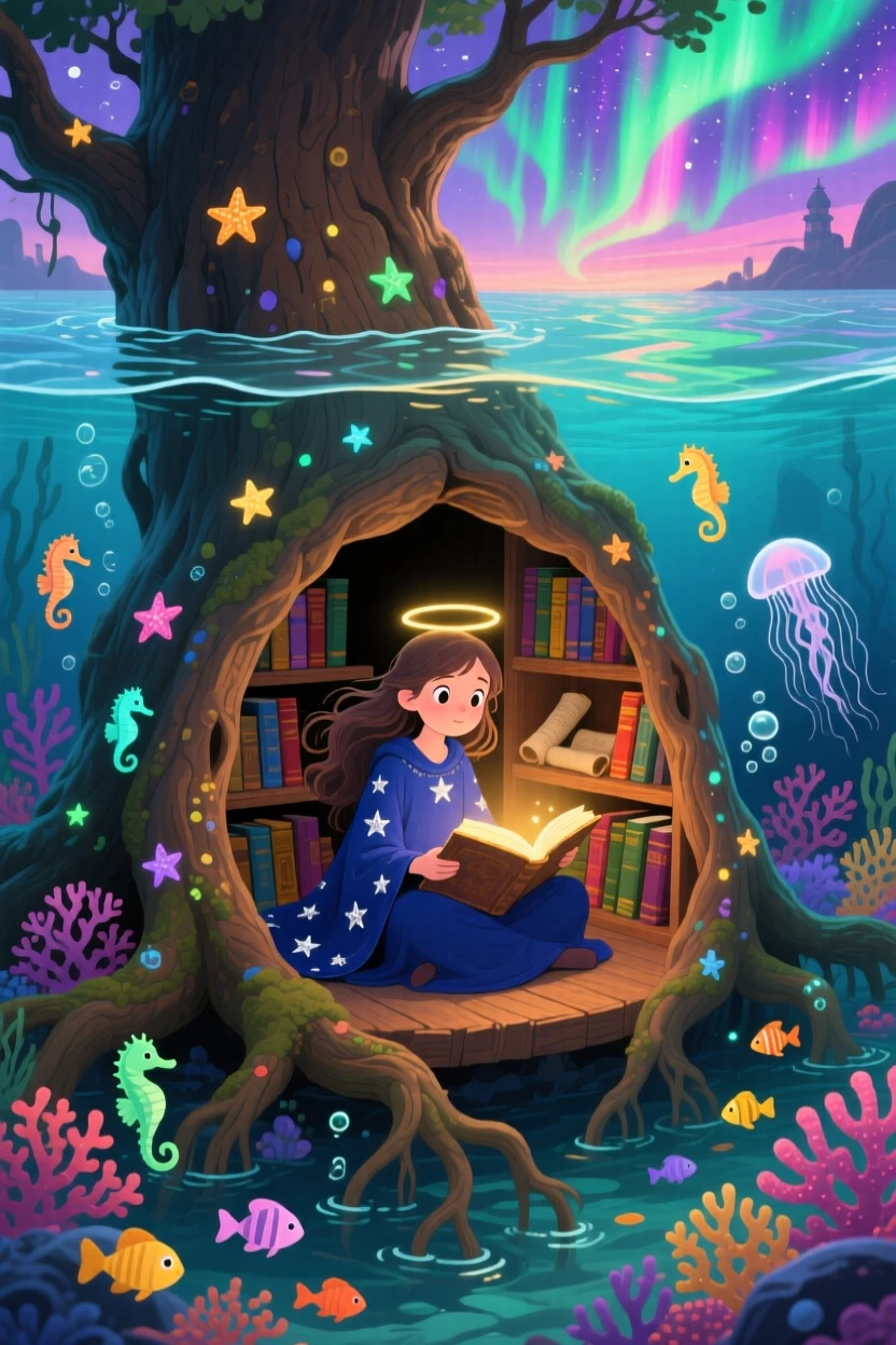 Deep within an underwater kingdom, a young sorceress spends the evening discovering a hidden library inside a giant oak, as the northern lights ripple overhead.