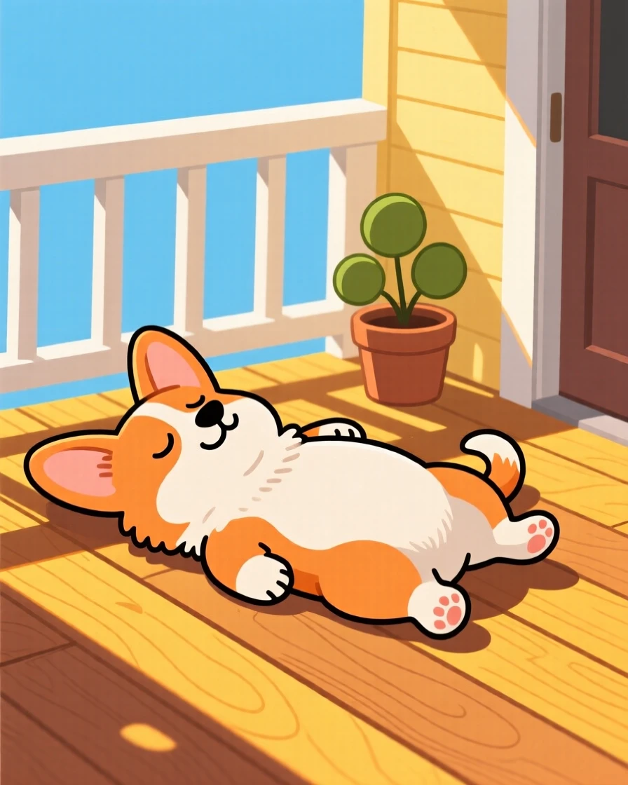 A sleepy corgi lying belly-up on a sunny porch.