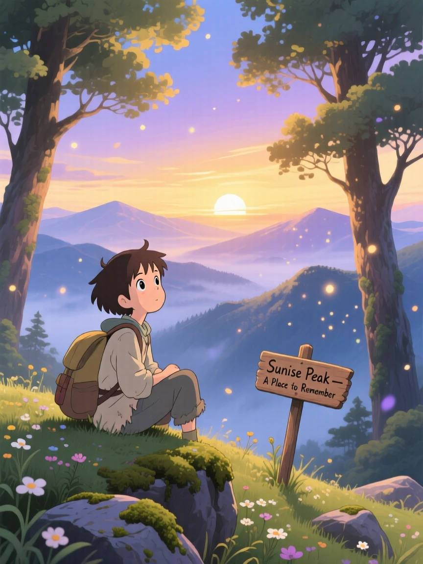 A tender moment of a traveler pausing to watch a sunrise from a mountaintop, the scene warmly nostalgic.
