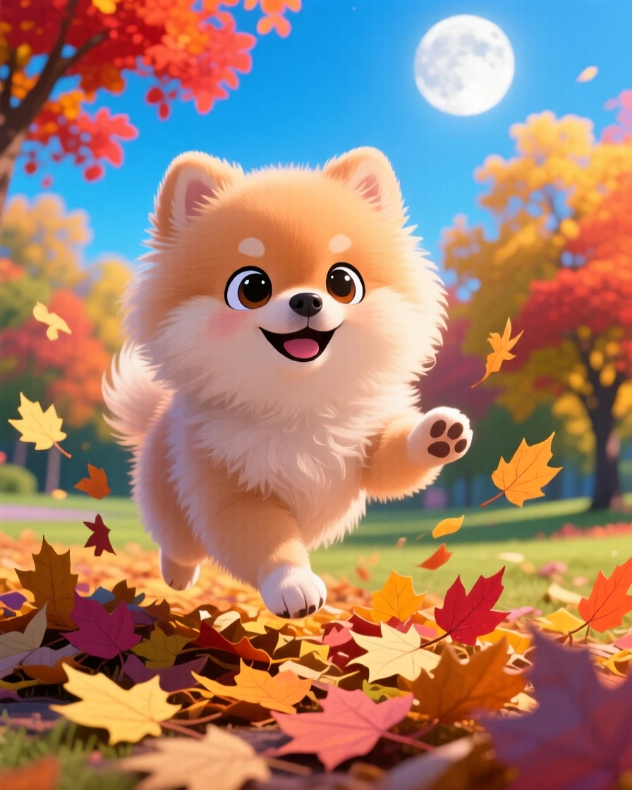 Waist-up portrait of a fluffy pomeranian puppy, prancing through a pile of crunchy leaves, in a colorful autumn park, under a clear summer sky, illuminated by soft moonlight, radiating triumphant pride.