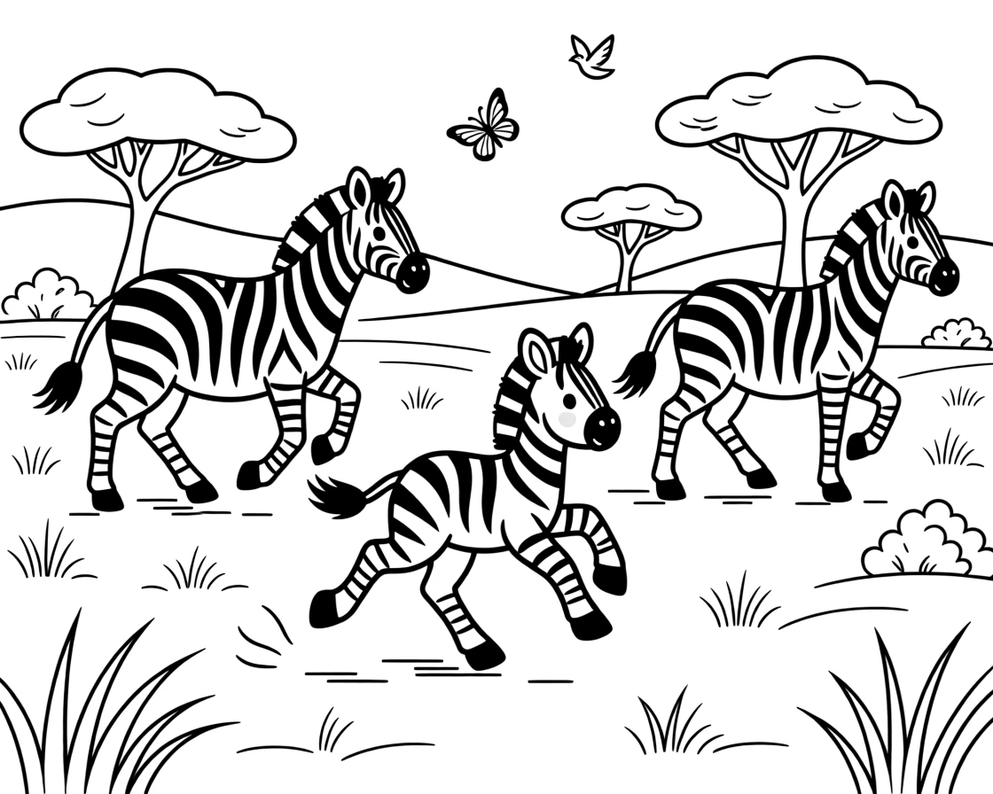A baby zebra galloping alongside its herd on the savanna