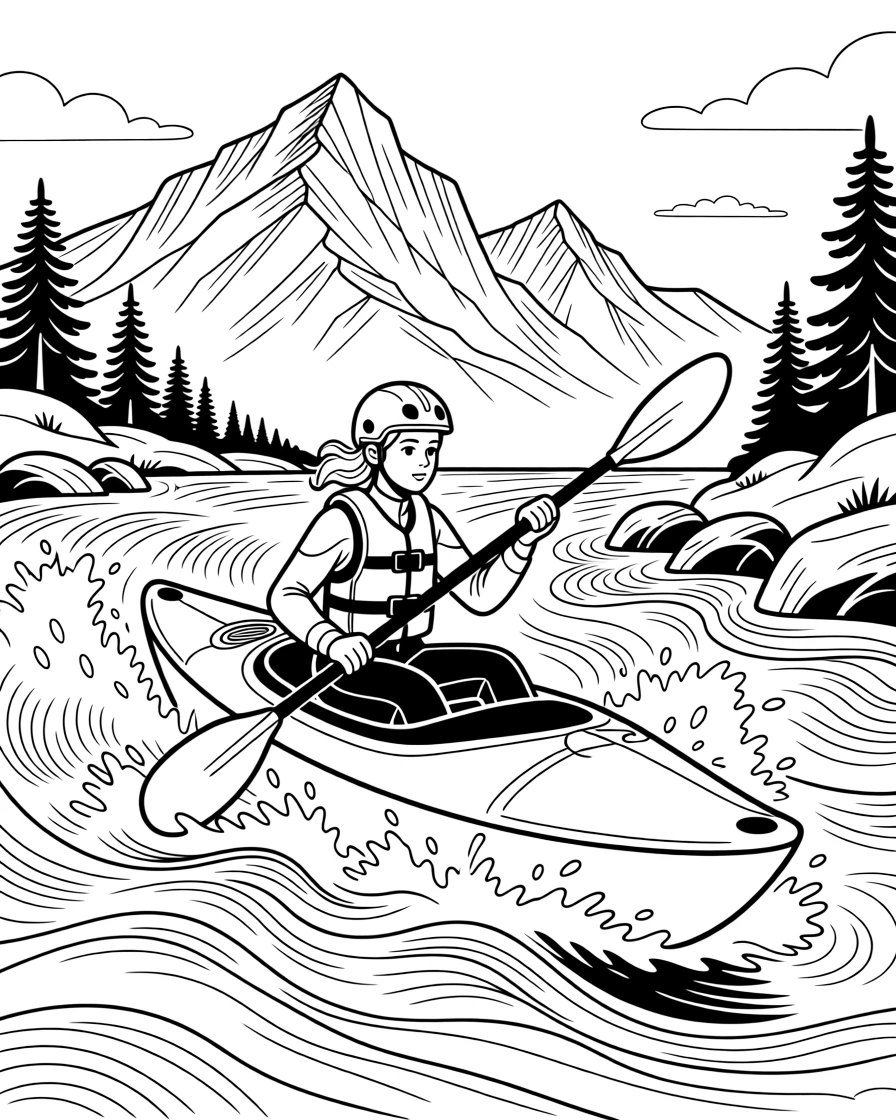 A whitewater kayaker paddling through churning rapids, with jagged peaks rising in the background.
