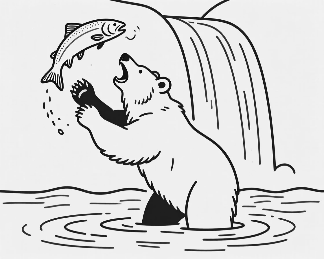 A bear catching a salmon mid-leap at a waterfall