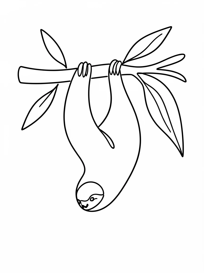 A sloth hanging upside down from a rainforest branch, moving slowly through the leaves
