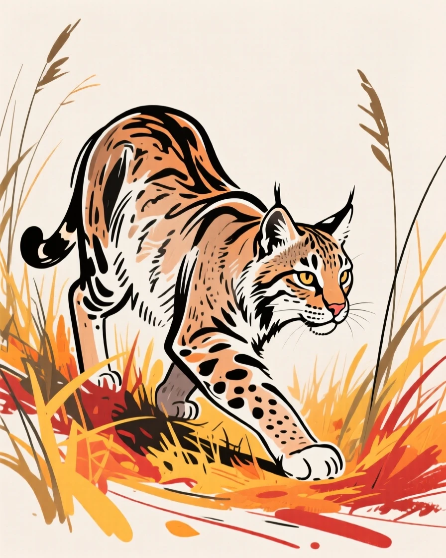 A bobcat crouched low, stalking through tall autumn grass.