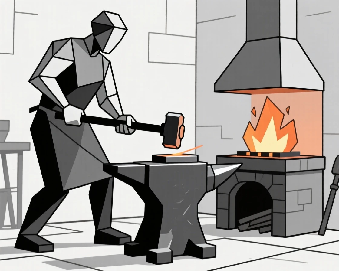 A blacksmith hammering metal at a glowing forge