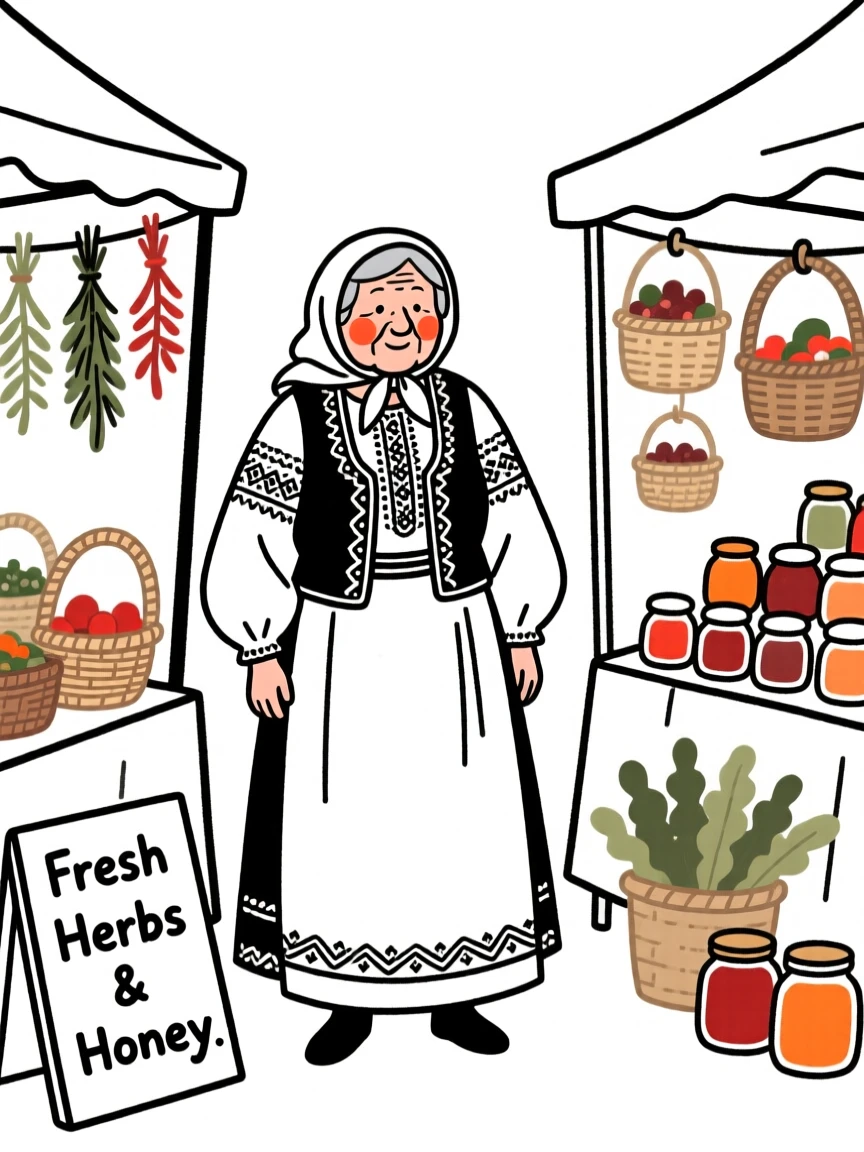 A proud grandmother wearing a Greek folk costume, at a bustling holiday market.
