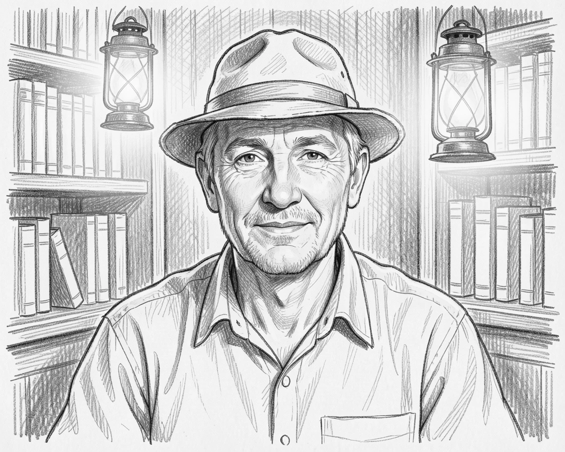 Close-up portrait of a gentle farmer in a quiet library nook, surrounded by floating lanterns.