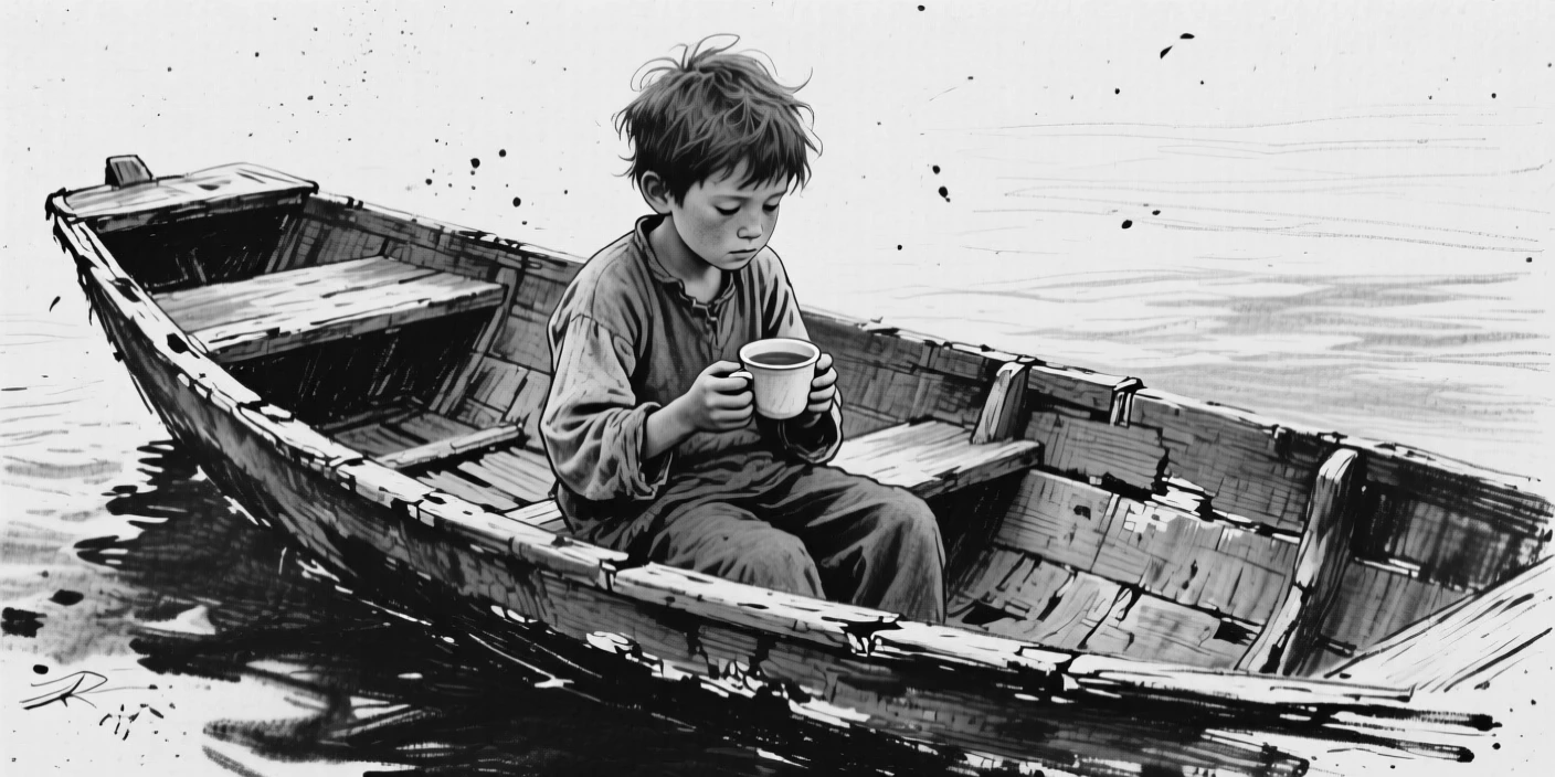 A young boy holding a cup of tea with both hands, lost in memory, in an old wooden rowboat.