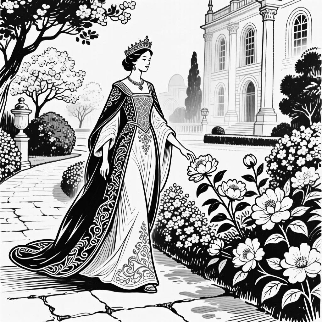 A queen walking through a blooming palace garden, trailing her hand along the flowers.