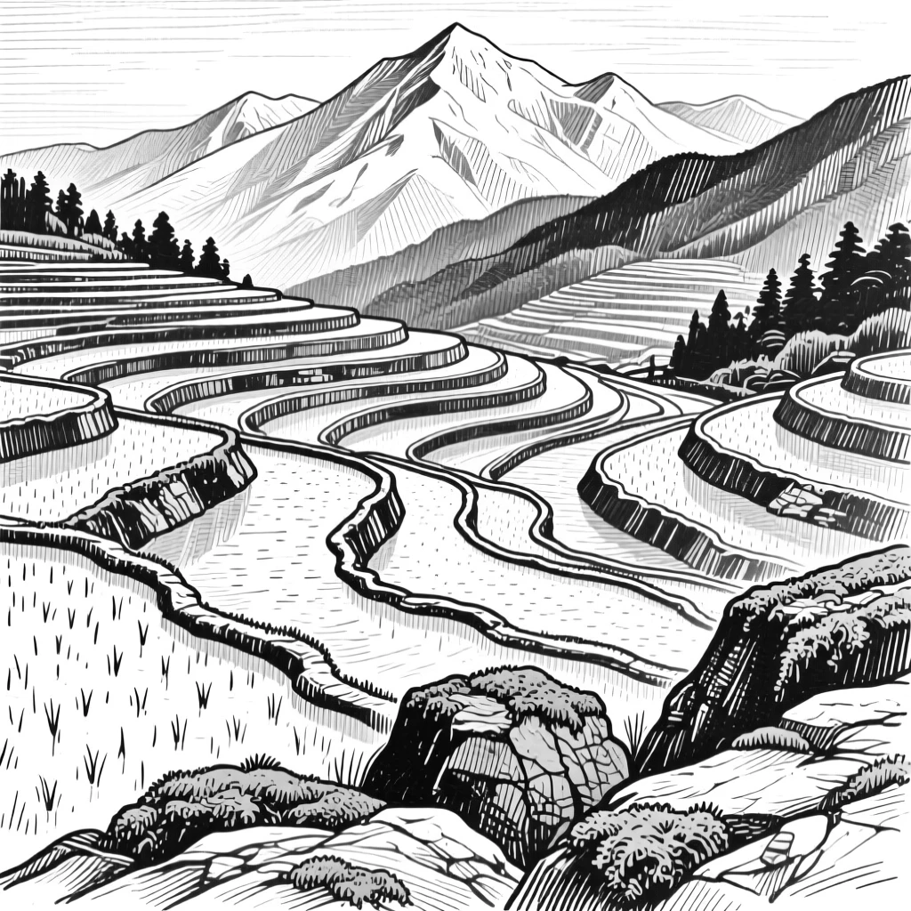 A terraced rice field surrounded by distant snow-capped peaks, with patches of moss clinging to weathered rock, evoking a timeless and grounding atmosphere in a wide, balanced composition.