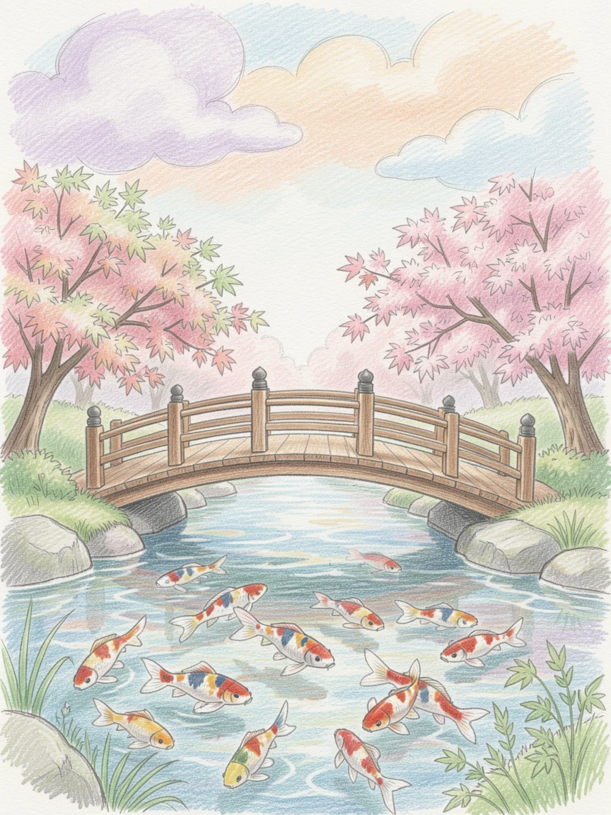 A tranquil Japanese garden with a curved wooden bridge over koi water, with soft clouds drifting across a pastel-colored sky, full of gentle nostalgia for simpler days.