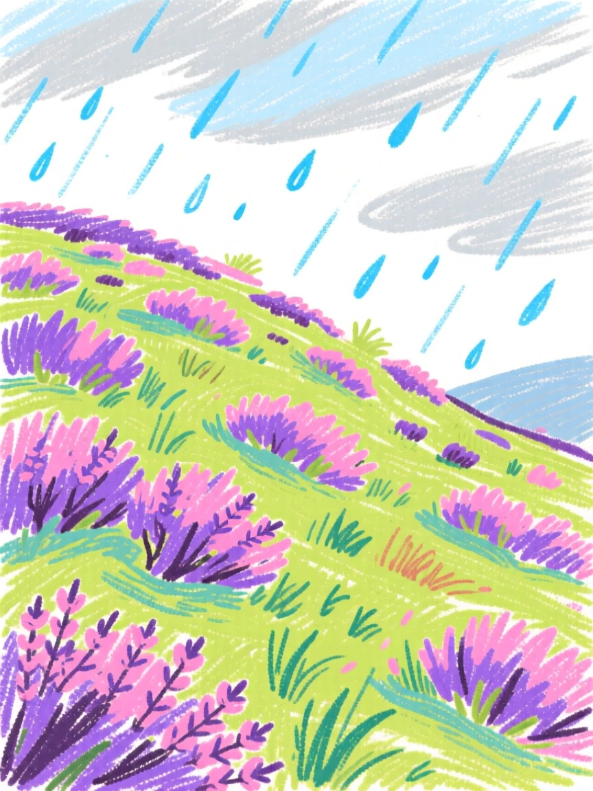 A view of a hillside covered in blooming heather as gentle rain begins to fall.
