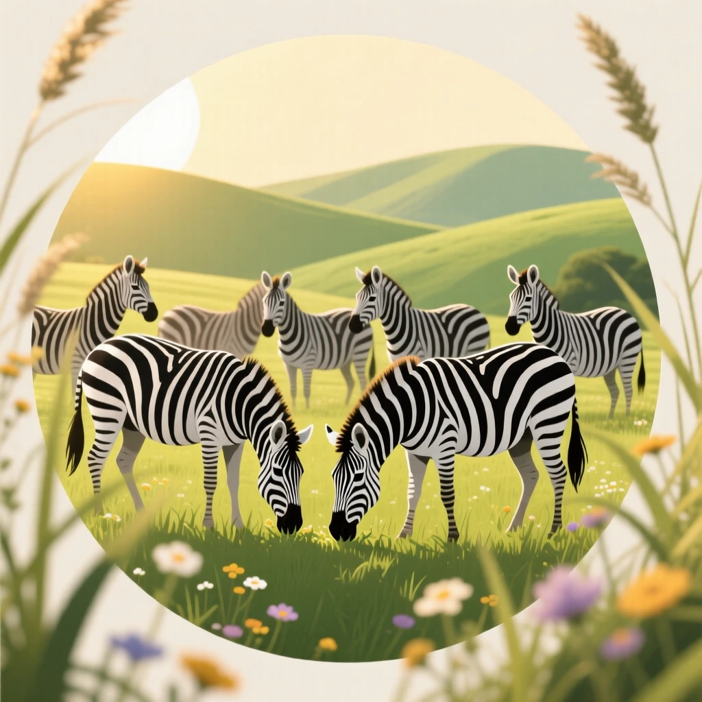 A zebra herd grazing with sunlight highlighting their stripes, set against a backdrop of rolling green hills, placed within a circular vignette of natural framing, with a sense of playful curiosity captured perfectly.