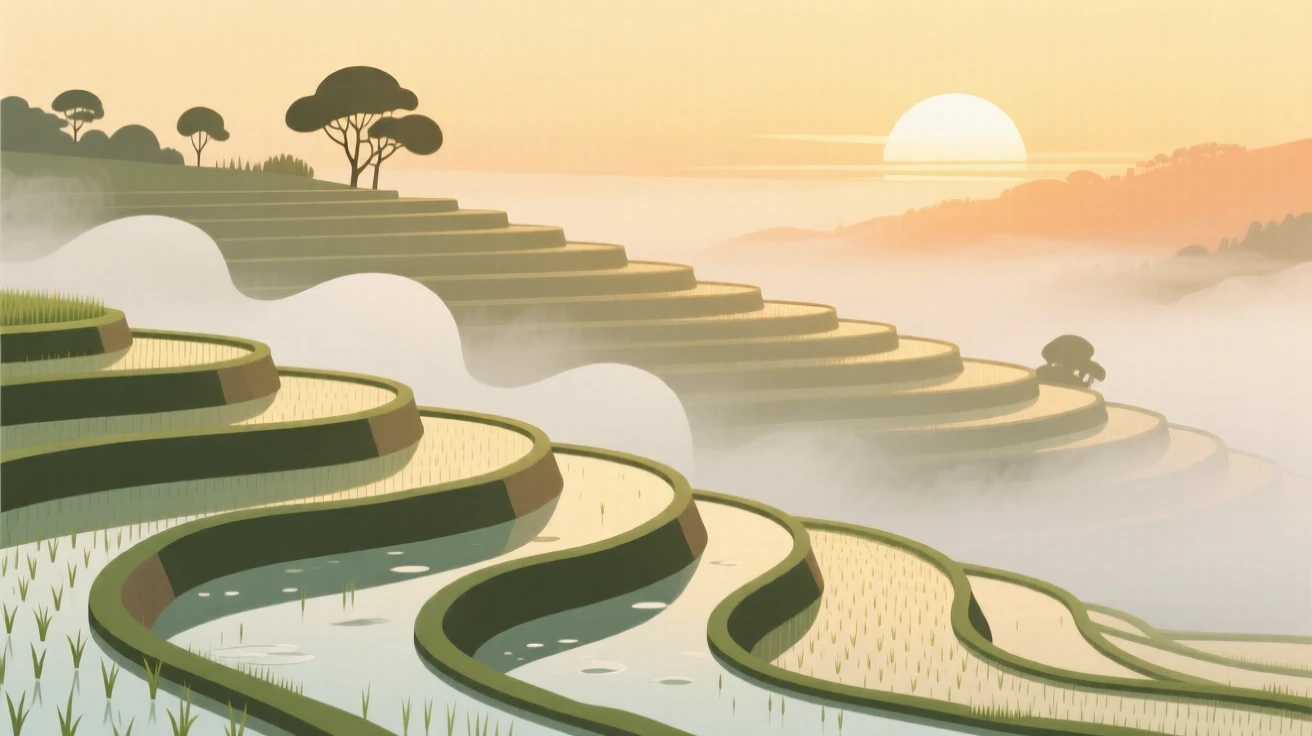 A misty rice terrace at sunrise with soft light filtering through the treetops.