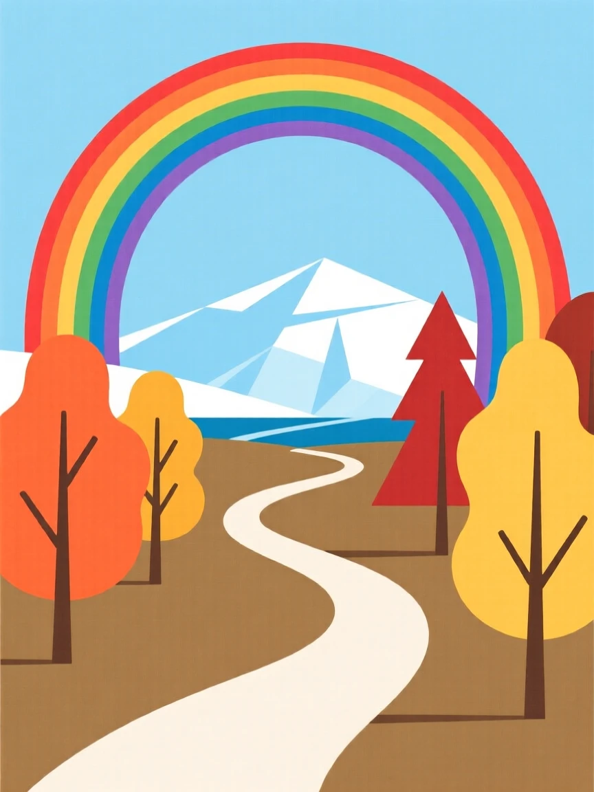 A winding path through an autumn forest trail leading toward a glacier, with a rainbow arching overhead scattered along the way, radiating untouched wilderness.