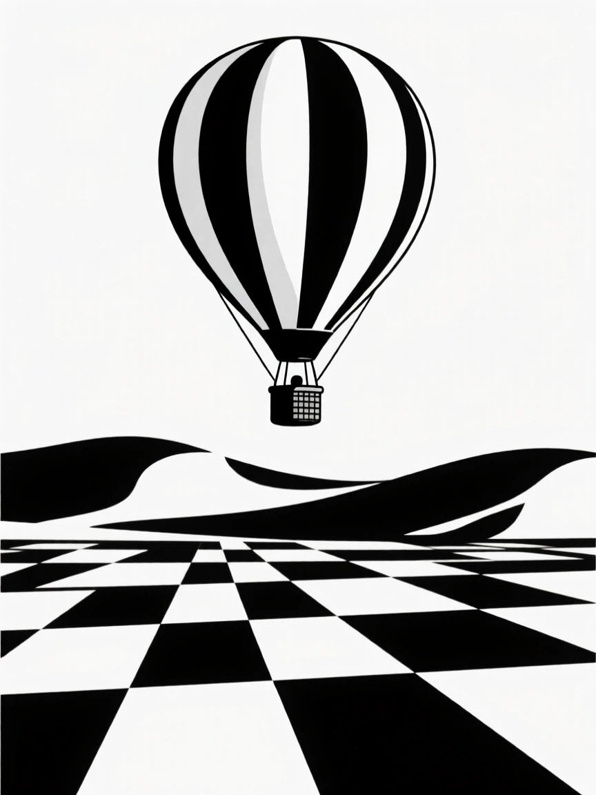 A hot air balloon drifting over a patchwork landscape.
