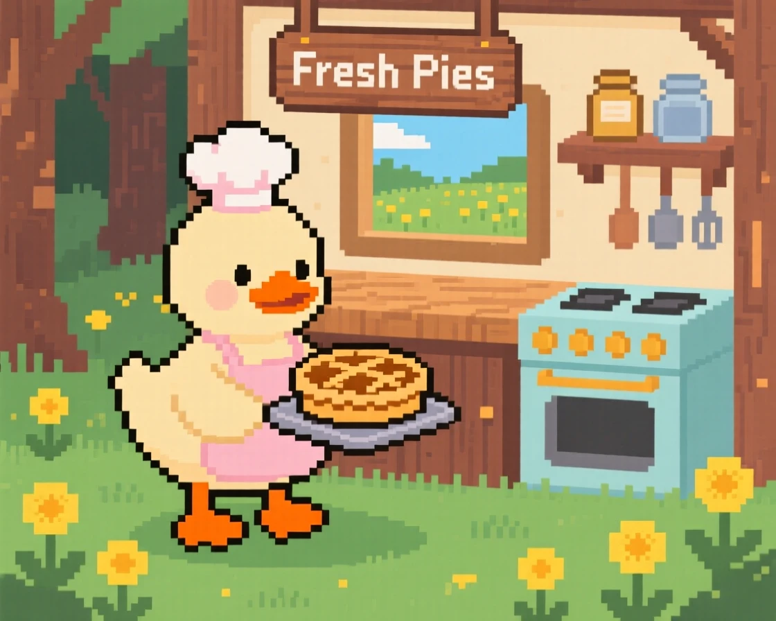 A duckling baking a miniature pie in a woodland kitchen, in a meadow full of dandelions.