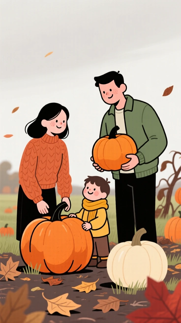 A family gathers pumpkins in a pumpkin patch as the first falling leaves drift down around them under a overcast gray sky.