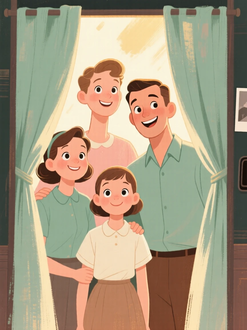 A vintage photo booth curtain framing a cheerful family portrait