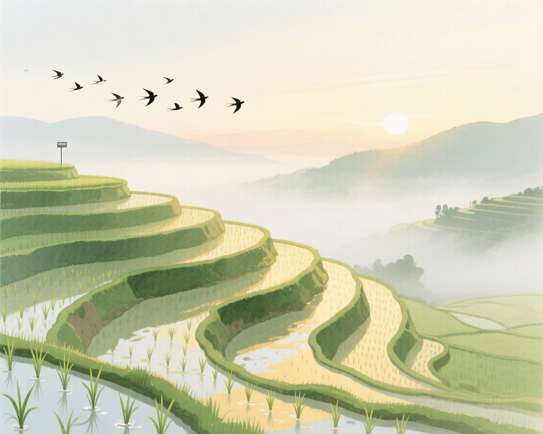 A breathtaking view of a terraced rice field as morning mist rolls through, where a flock of birds crosses the sky