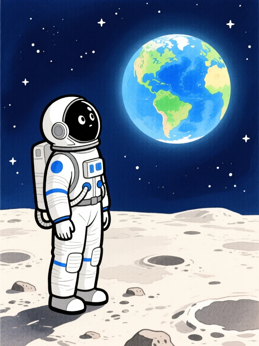 An astronaut watching Earth rise over the lunar horizon, full of wonder and discovery.