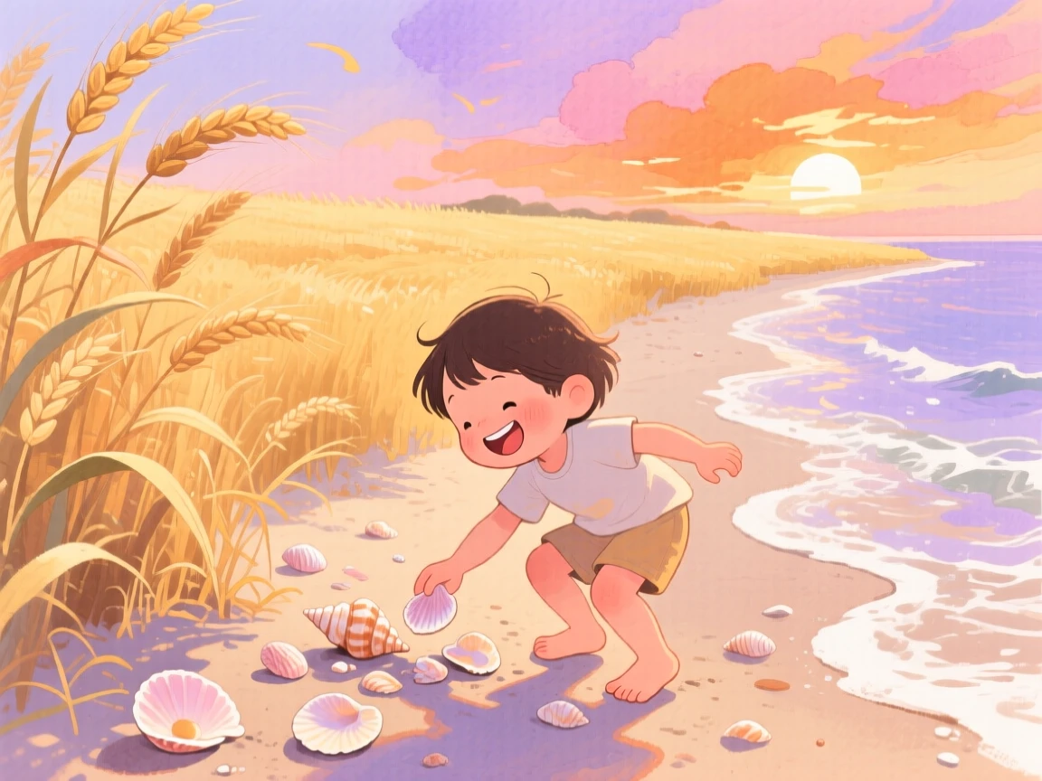 A barefoot child collecting seashells along the shoreline, in a golden wheat field at sunset, brimming with carefree happiness.