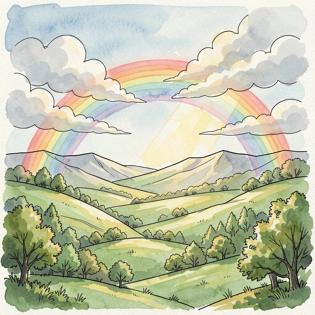 A rainbow arcing over a green valley after a passing storm, sunlight breaking through scattered clouds