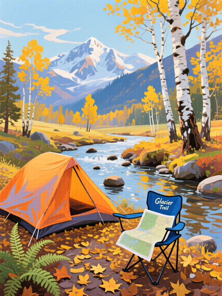 a small tent beside a glacial stream, on a clear autumn morning, with a clear foreground, subject, and distant setting.