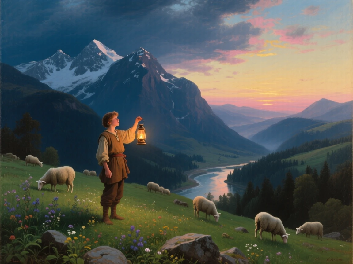 At a secluded overlook, A young shepherd on an alpine meadow, raising a lantern toward an approaching dawn, surrounded by snowy peaks, grazing sheep, and a silver river far beneath the ridge; wild herbs and stones fill the foreground while distant land opens behind, the moment feels private and unforgettable.