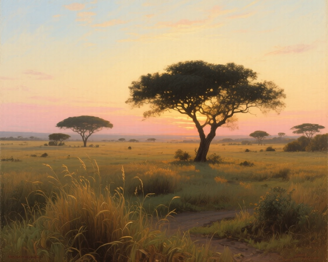 An African savanna dotted with acacia trees at dawn, as golden hour light spills across the entire scene, radiating tranquility and the timeless beauty of the natural world