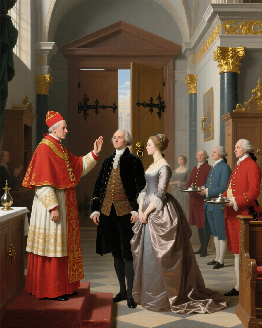 A cardinal blessing a noble gathering in a grand cathedral just before the grand doors are thrown open, set within a private chapel adorned with gold leaf, with liveried servants moving quietly among the guests; the composition arranges figures in a graceful arc around the focal couple, filled with quiet ceremony and inherited dignity.