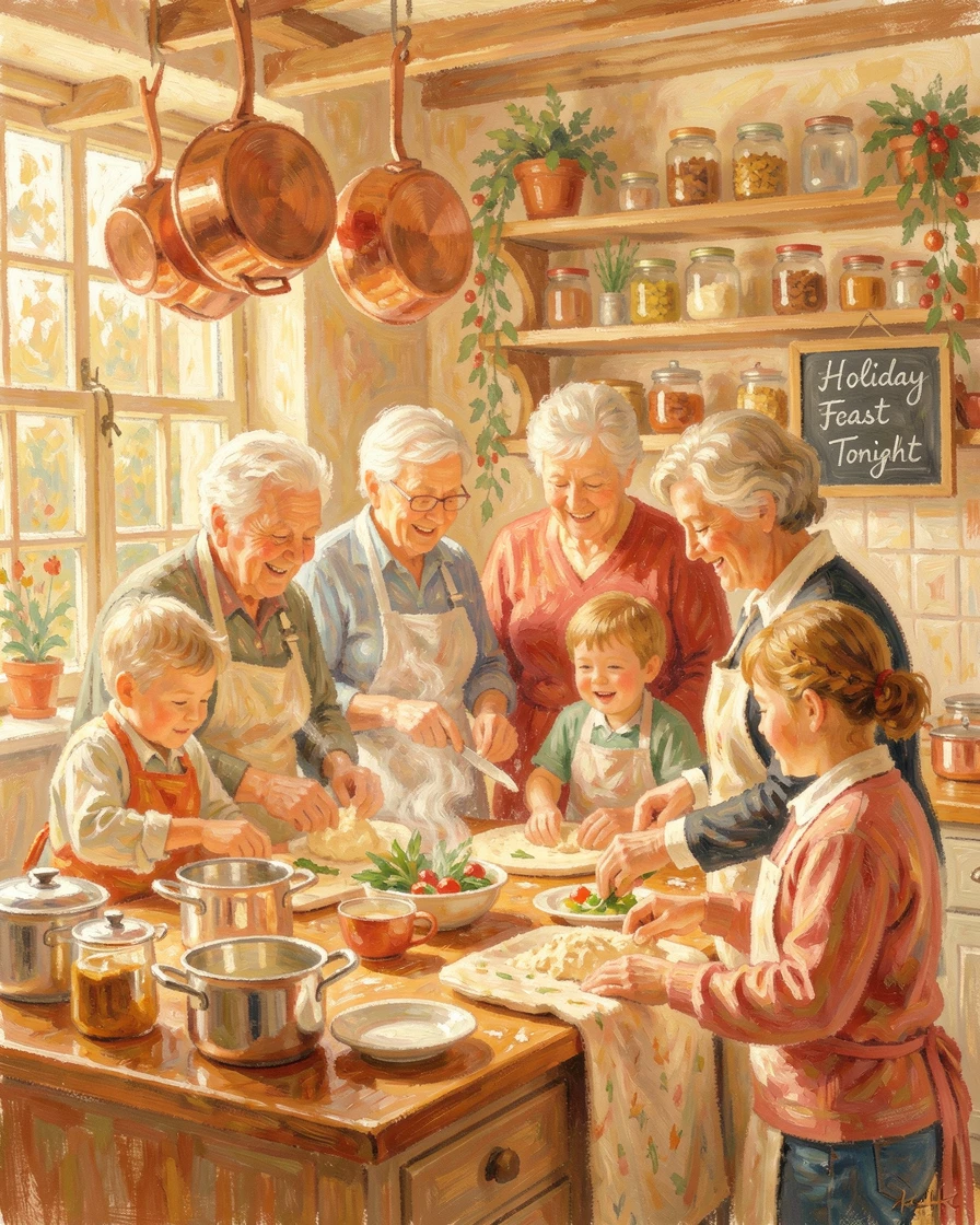 A multigenerational family preparing a holiday feast together in a warm, bustling kitchen.