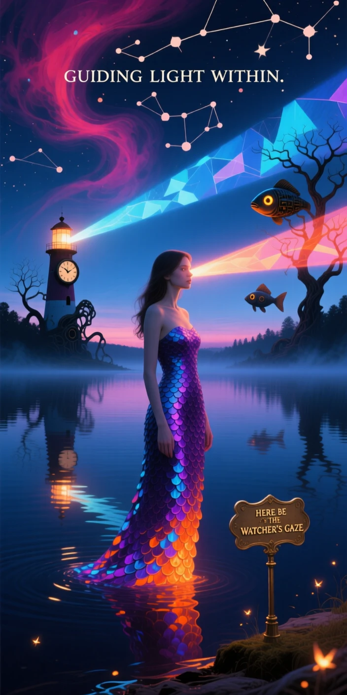 A woman with a lighthouse beam shining from her eyes waits patiently at the edge of a still, dark lake, while the world around them fades into soft watercolor mist.