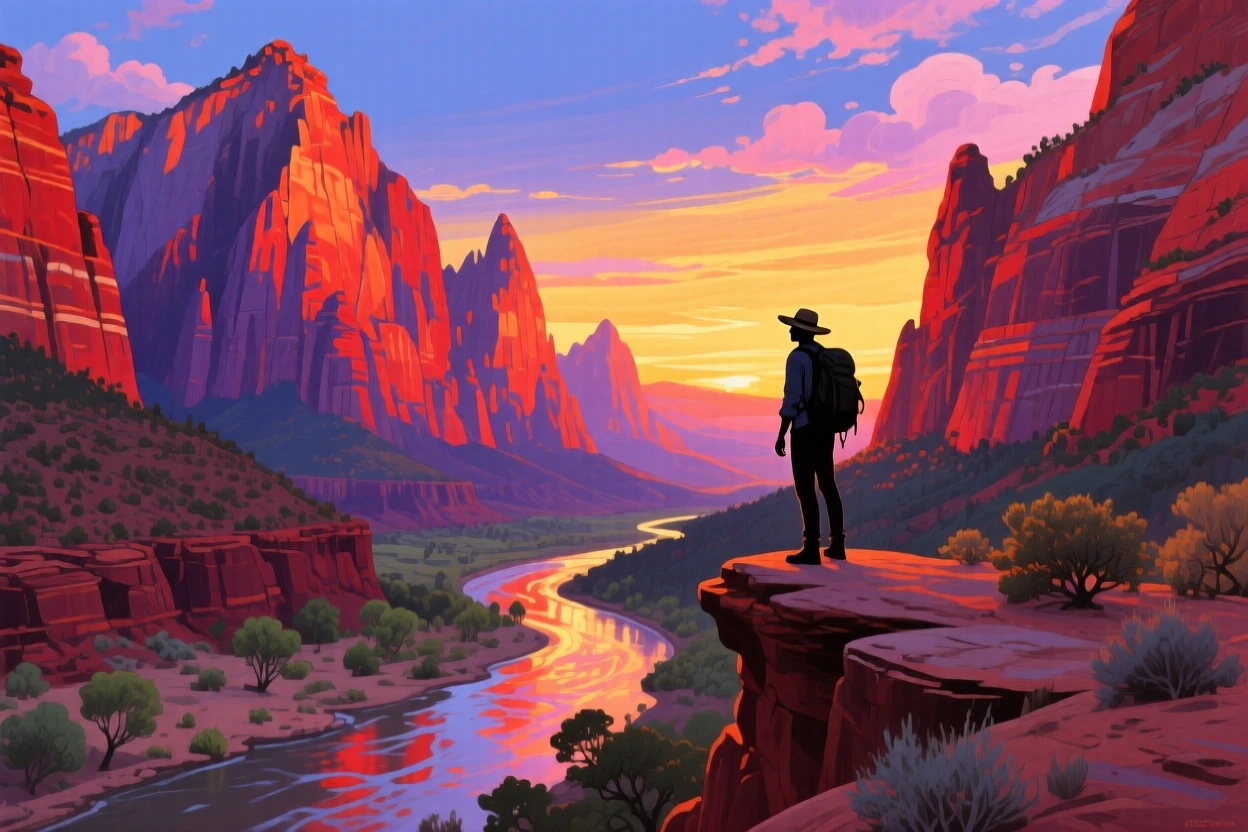 The red rock spires of Zion Canyon glow at sunset, a narrow river winding through the canyon floor, and a hiker silhouetted on a high ledge overlooking the layered sandstone cliffs.