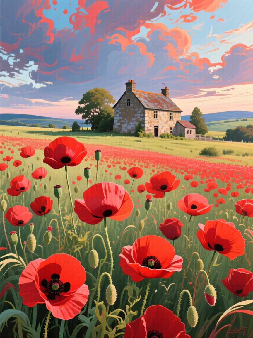 A field of red poppies swaying in the wind beneath a dramatic sky, an old stone farmhouse in the distance