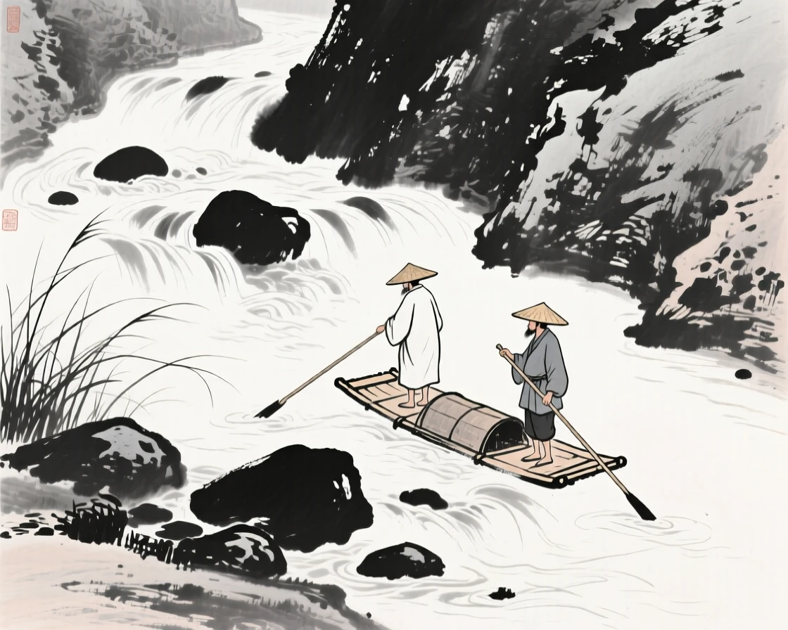 a narrow mountain stream tumbling over stones, with fishermen poling small rafts along its banks.