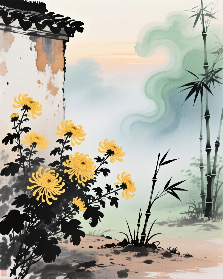 Chrysanthemums blooming in golden clusters beside a garden wall, suffused with quiet joy, through swirling morning fog, as new bamboo shoots break through the soil.