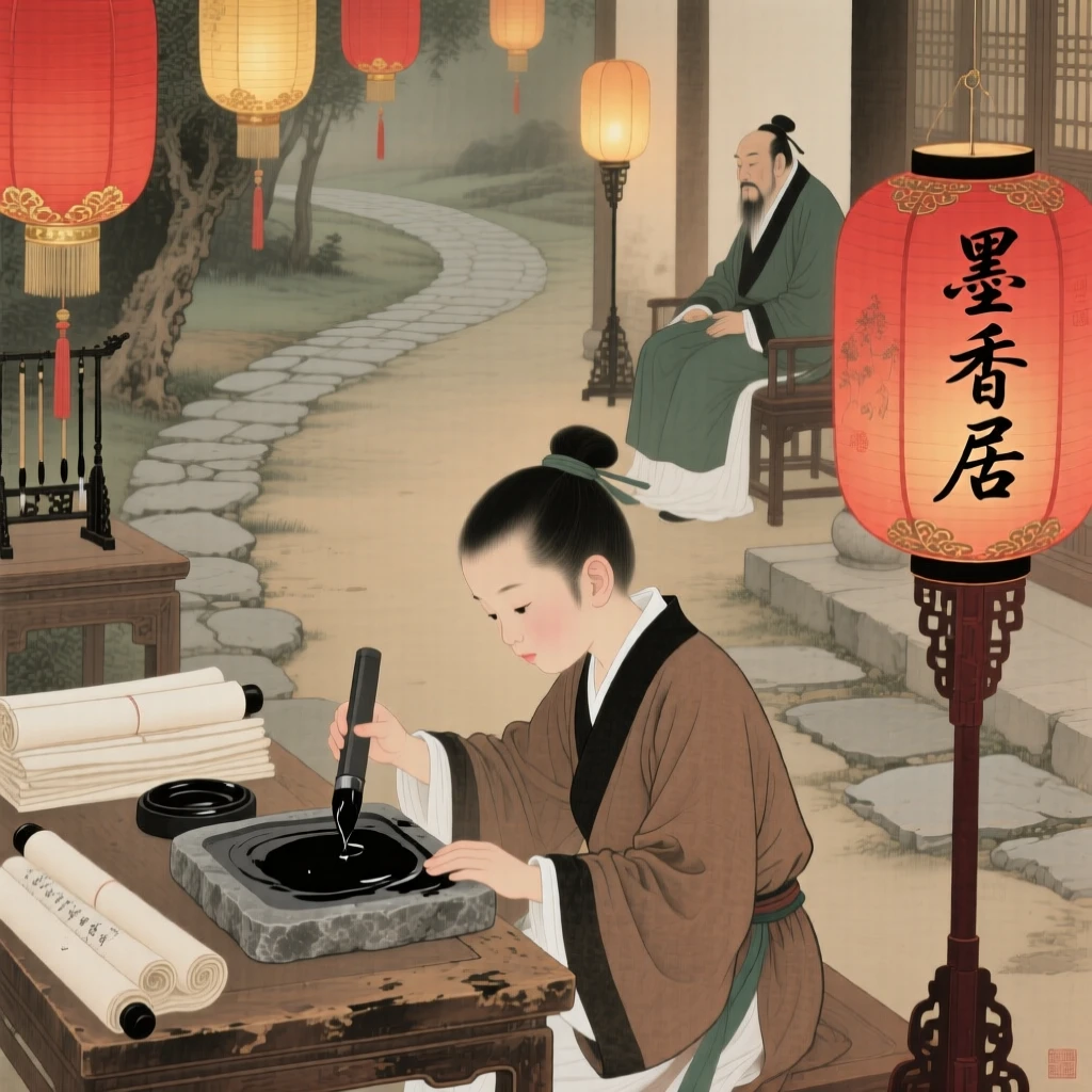A young apprentice grinding ink for a master calligrapher, with lanterns lighting the path ahead