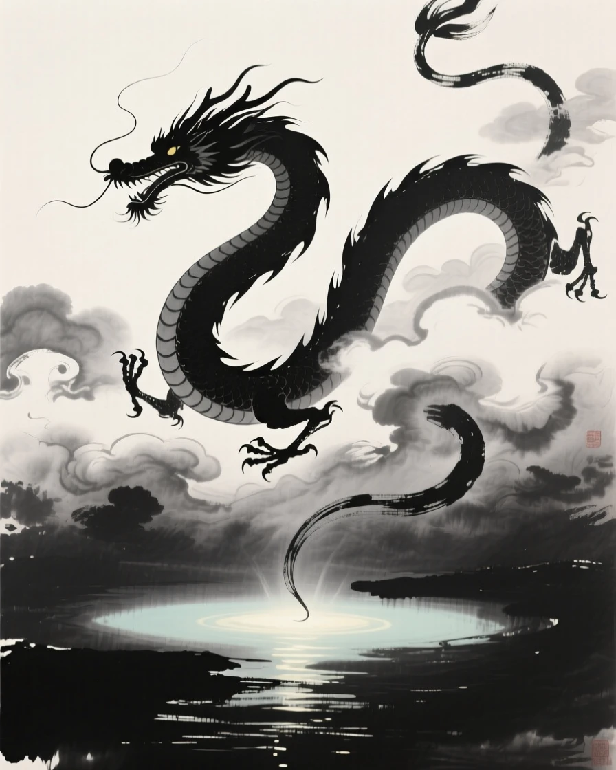 A serpentine dragon coiling through drifting clouds above a tranquil, glowing lake, composed with sweeping, dynamic movement across the frame, evoking wonder, myth, and quiet reverence.