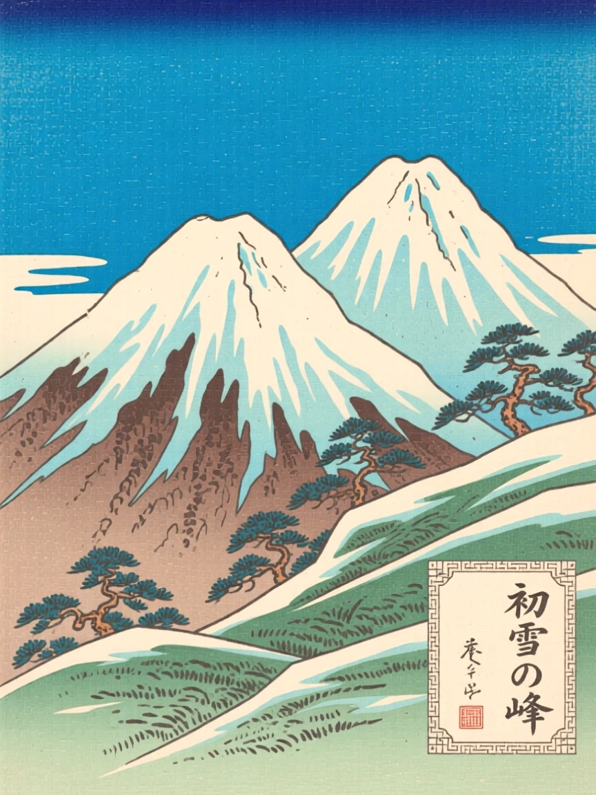 A twin-peaked ridge, dusted with the season's first snow, under a brilliant blue midday sky.