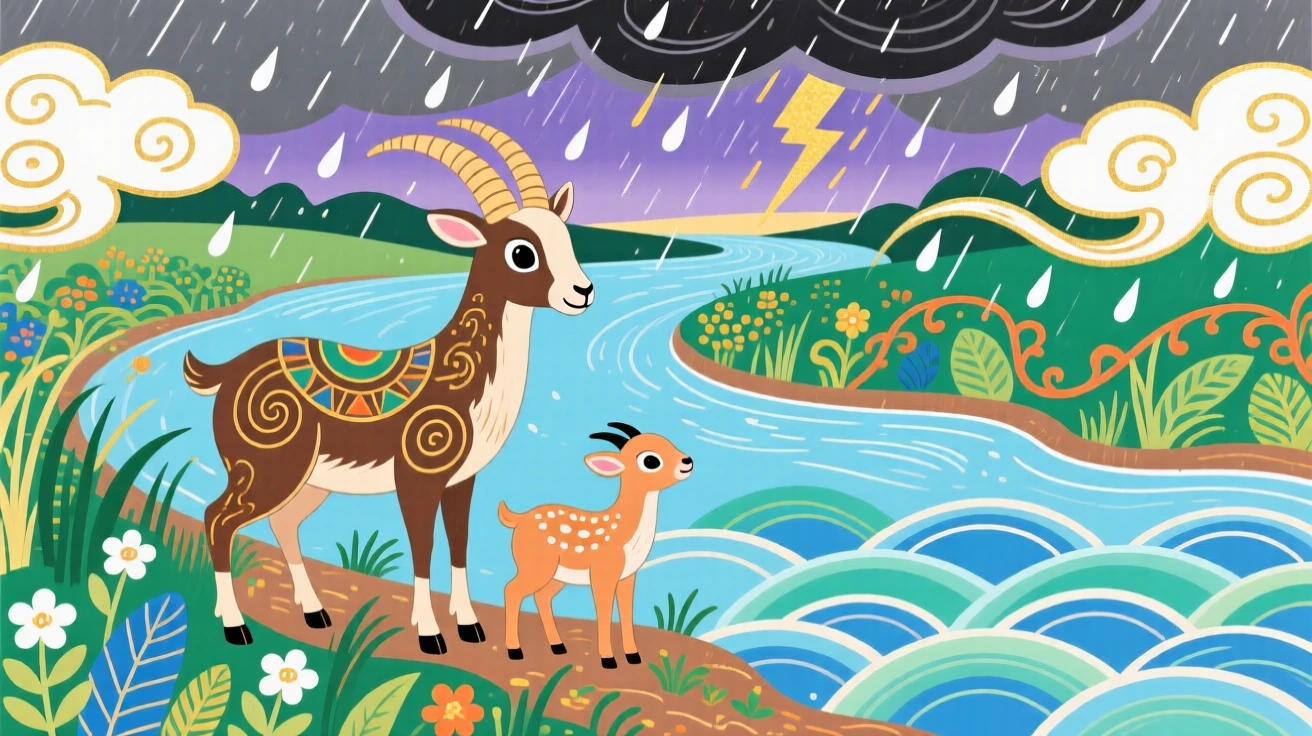 A mountain goat with its young along the bank of a quiet river, during a summer thunderstorm passing in the