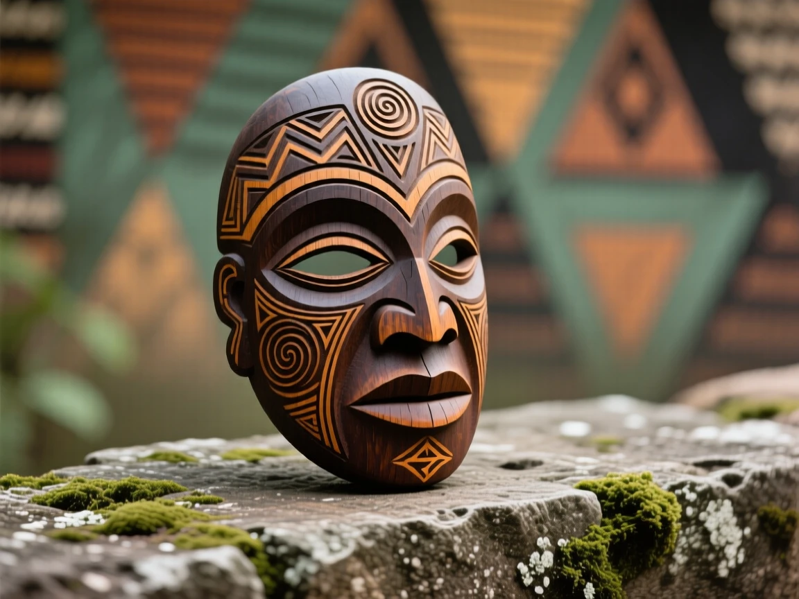A hand-carved wooden mask resting on a stone ledge.