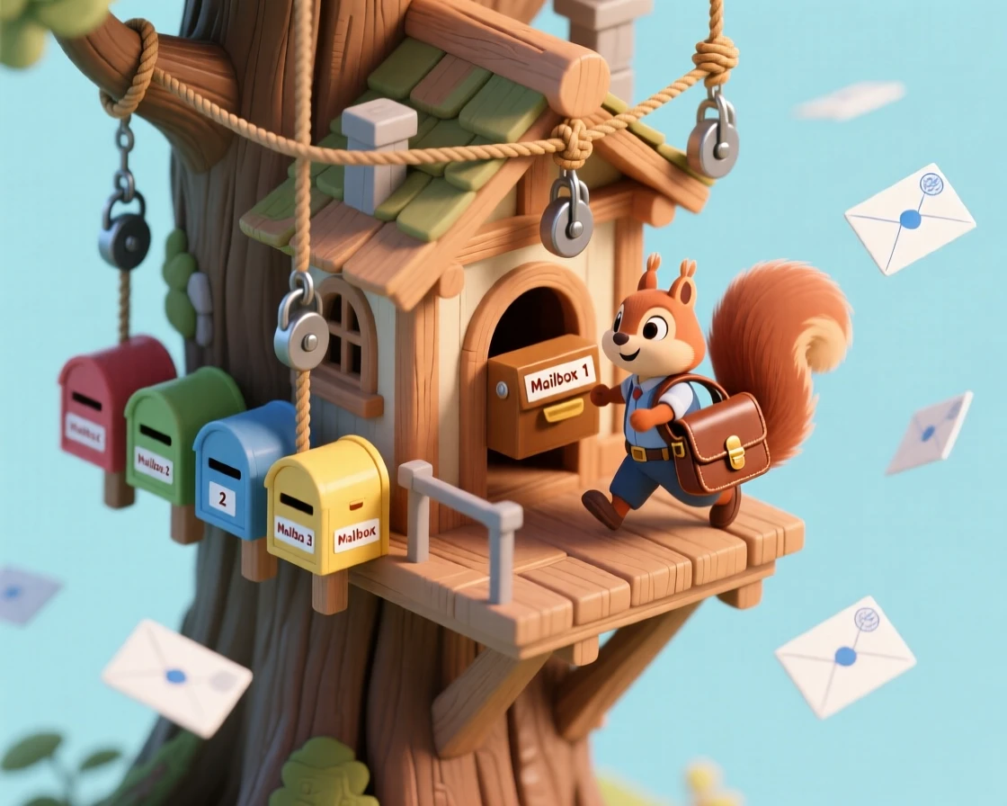 A treehouse post office with a rope-and-pulley mail system, tiny mailboxes nailed to the trunk, a squirrel postman carrying a satchel, and letters fluttering in the breeze.