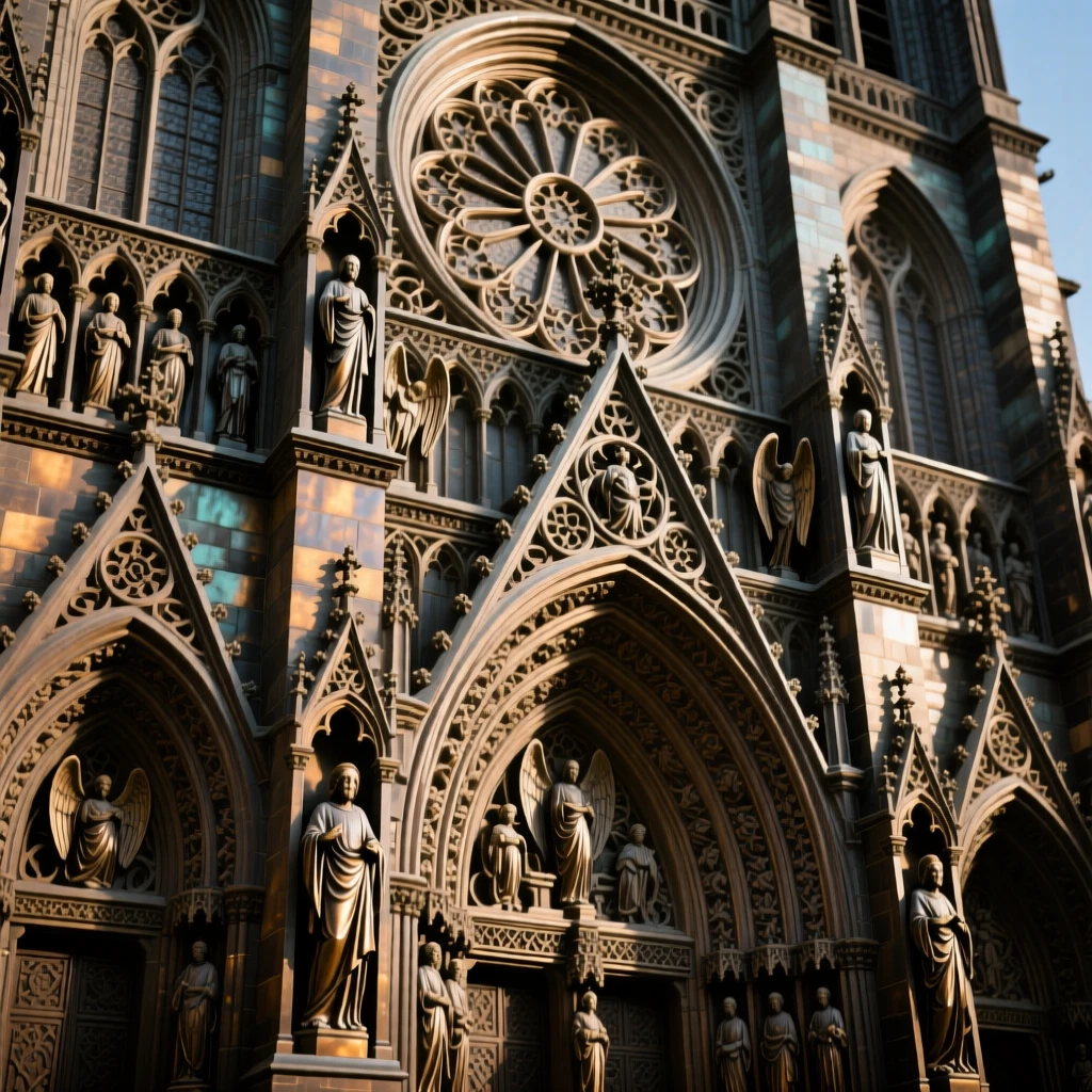 A grand cathedral facade adorned with intricate stone carvings, with intricate architectural detail throughout, exuding timeless grandeur