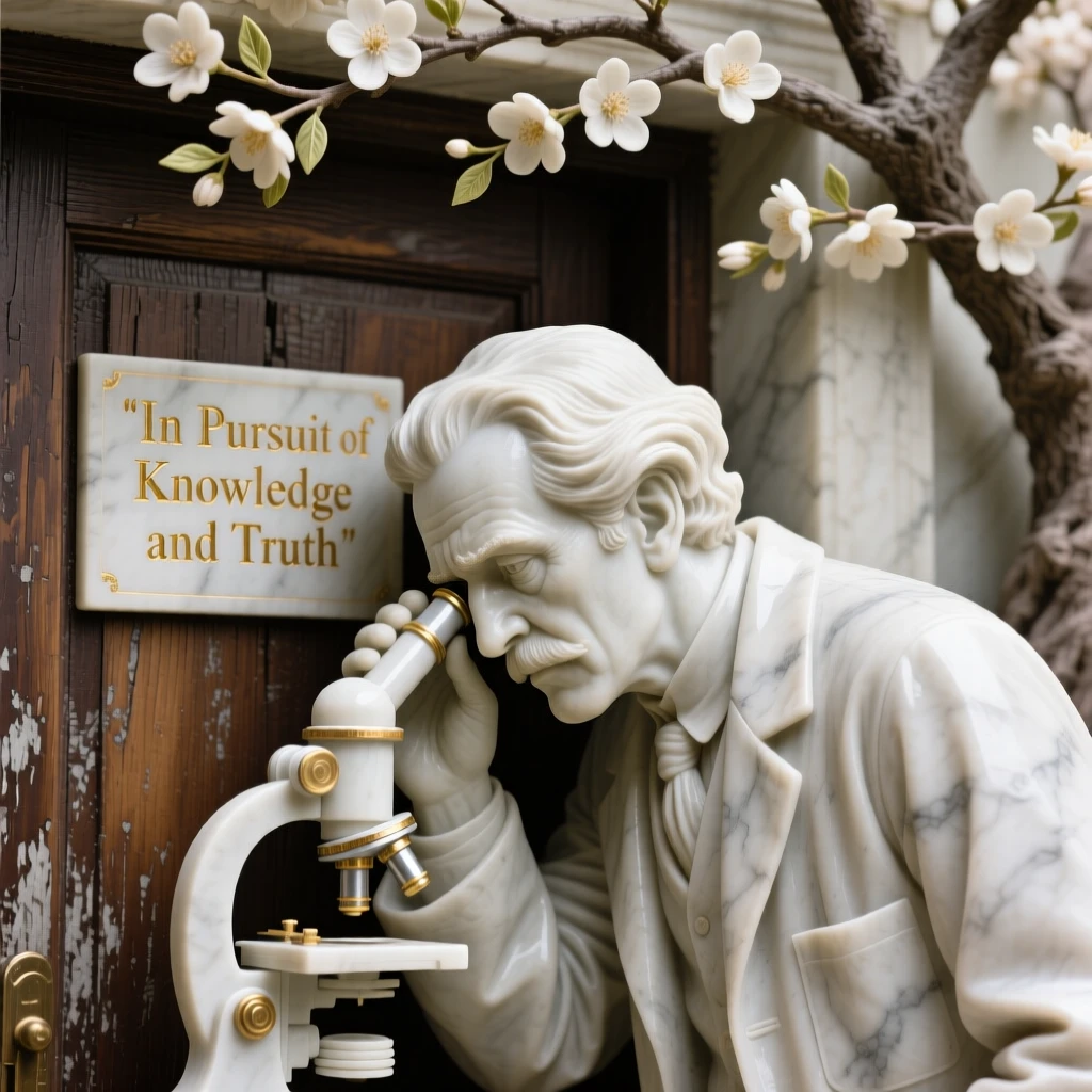 A close-up portrait of a scientist peering through a microscope, leaning against a weathered doorway, under a canopy of blossoming trees, radiating quiet emotion and dignity