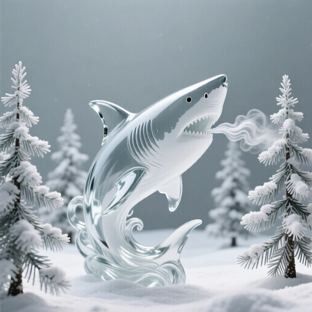 A great white shark in a snow-dusted pine forest, breath visible in the cold air, soft winter light giving the scene a hushed, peaceful feeling.