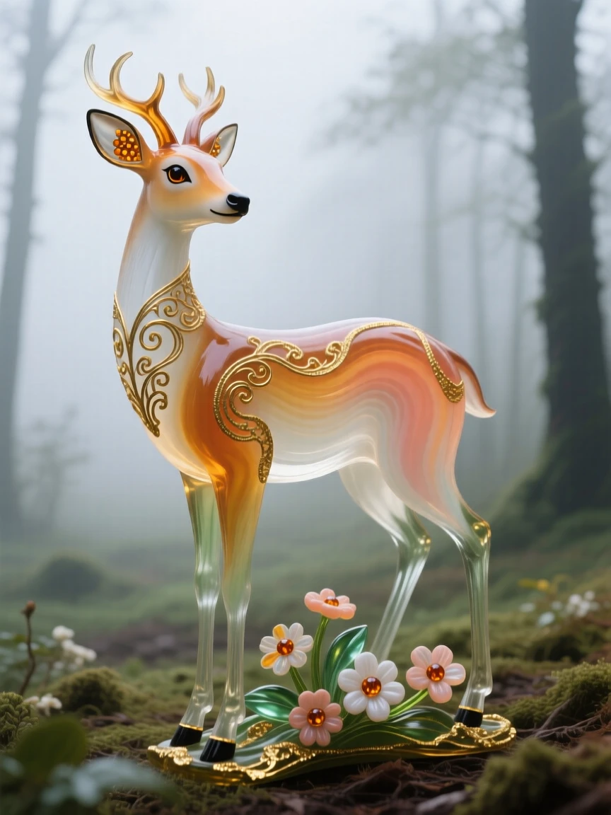 A gentle deer standing at the edge of a foggy forest clearing, ears alert, tranquil and watchful, soft light filtering through mist.